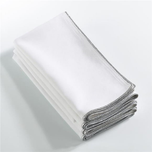 SARO 20 in. Square Luana Metallic Trimmed Dinner Napkins Silver - Set of 4