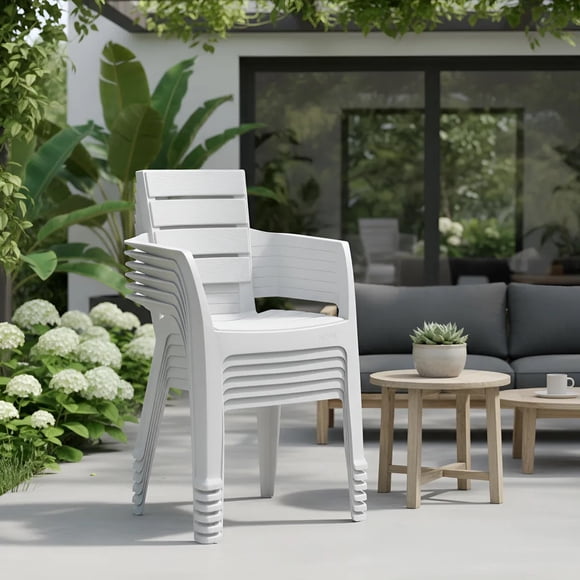 Set 6 Sillas Plásticas Apariciencia Madera con Brazos Apilables Interior Exterior RIMAX
