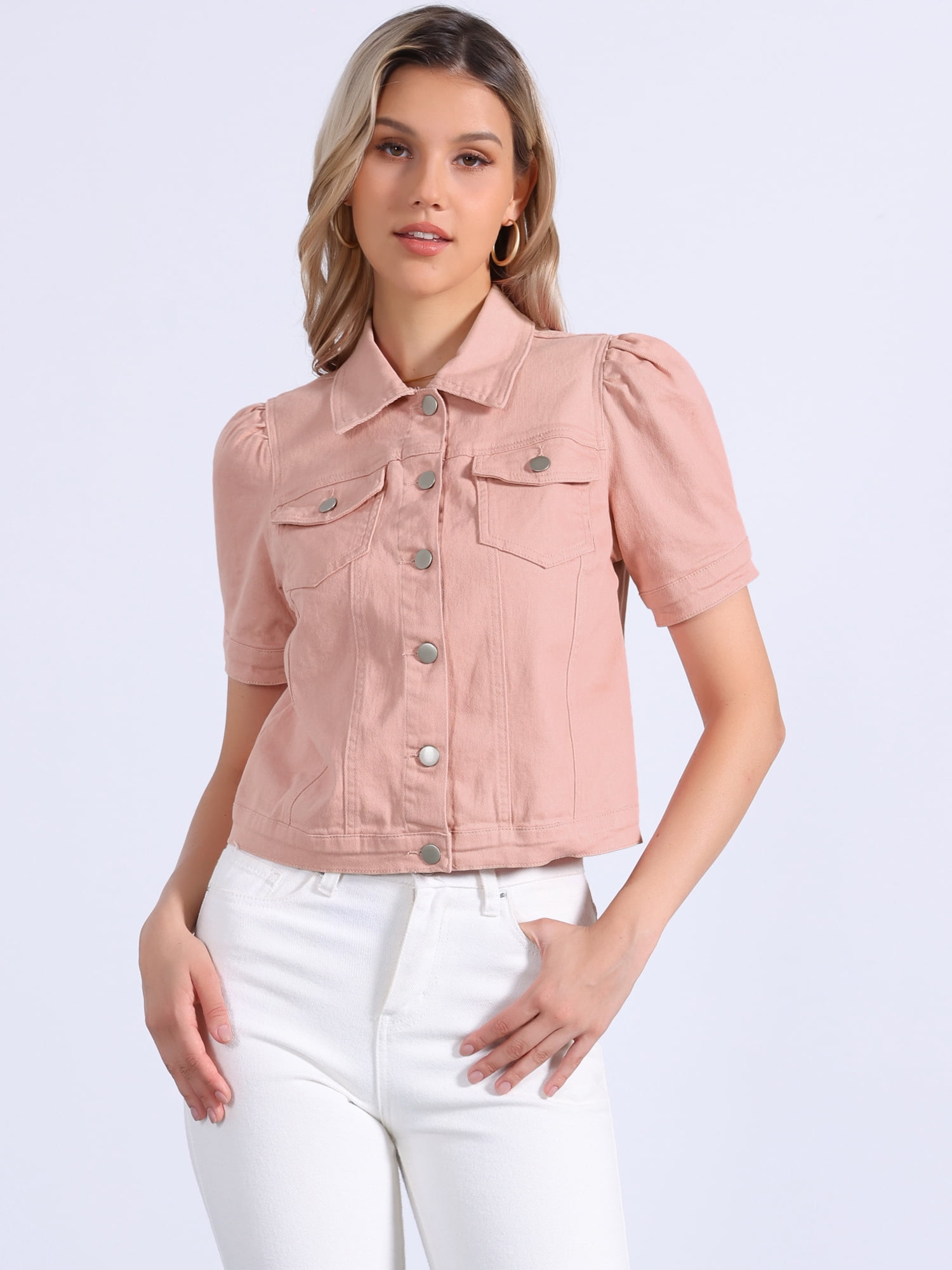 DARING DIVA Women's Jean Short Puff Sleeves Button-Down Denim Jacket XL Light Pink