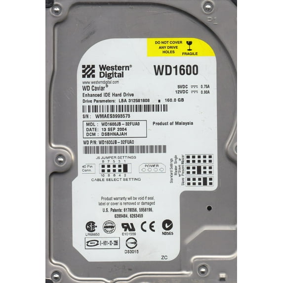 WD1600JB-32FUA0, DCM DSBHNAJAH, Western Digital 160GB IDE 3.5 Hard Drive
