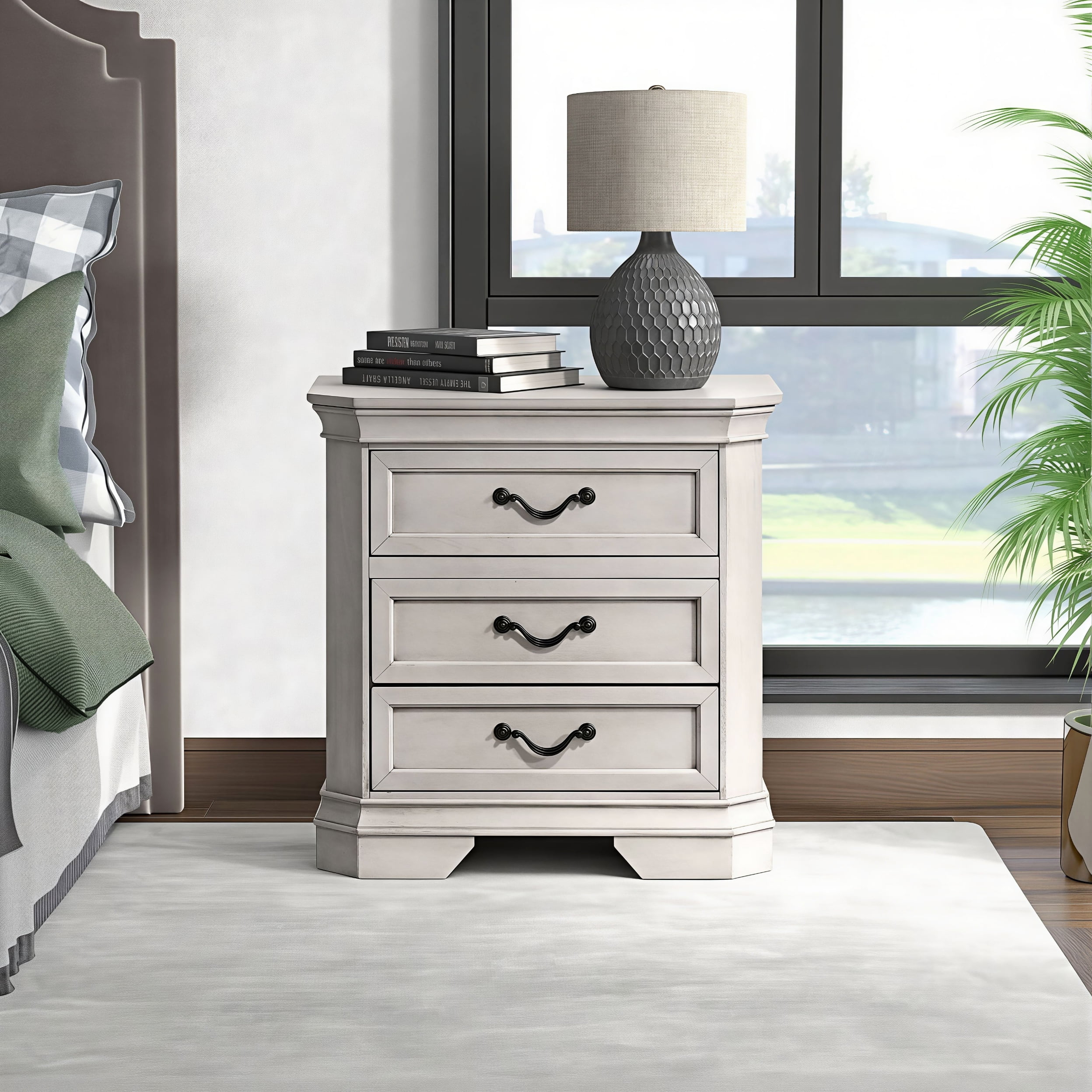 Roundhill Furniture Maderne Wood 3-Drawer Nightstand, Antique White Finish