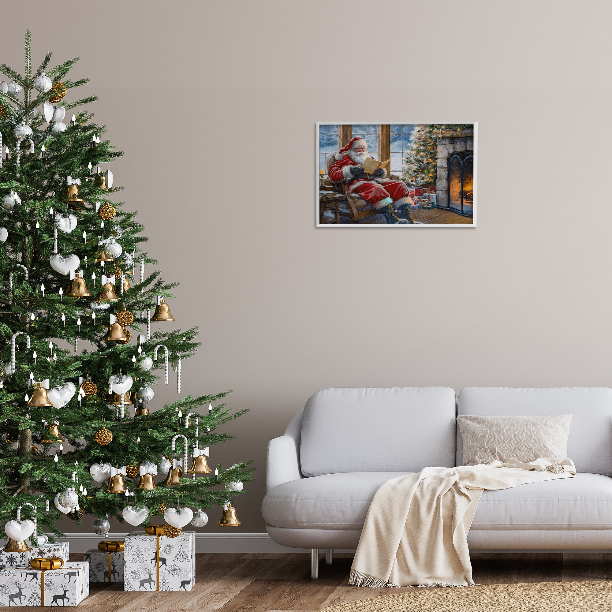 Stupell Industries Santa Reading by Fire Holiday Painting White Framed Art Prints Wall Art, 24 x 16