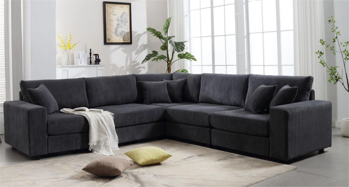 L shape 6 seater dark gray living room sofa
