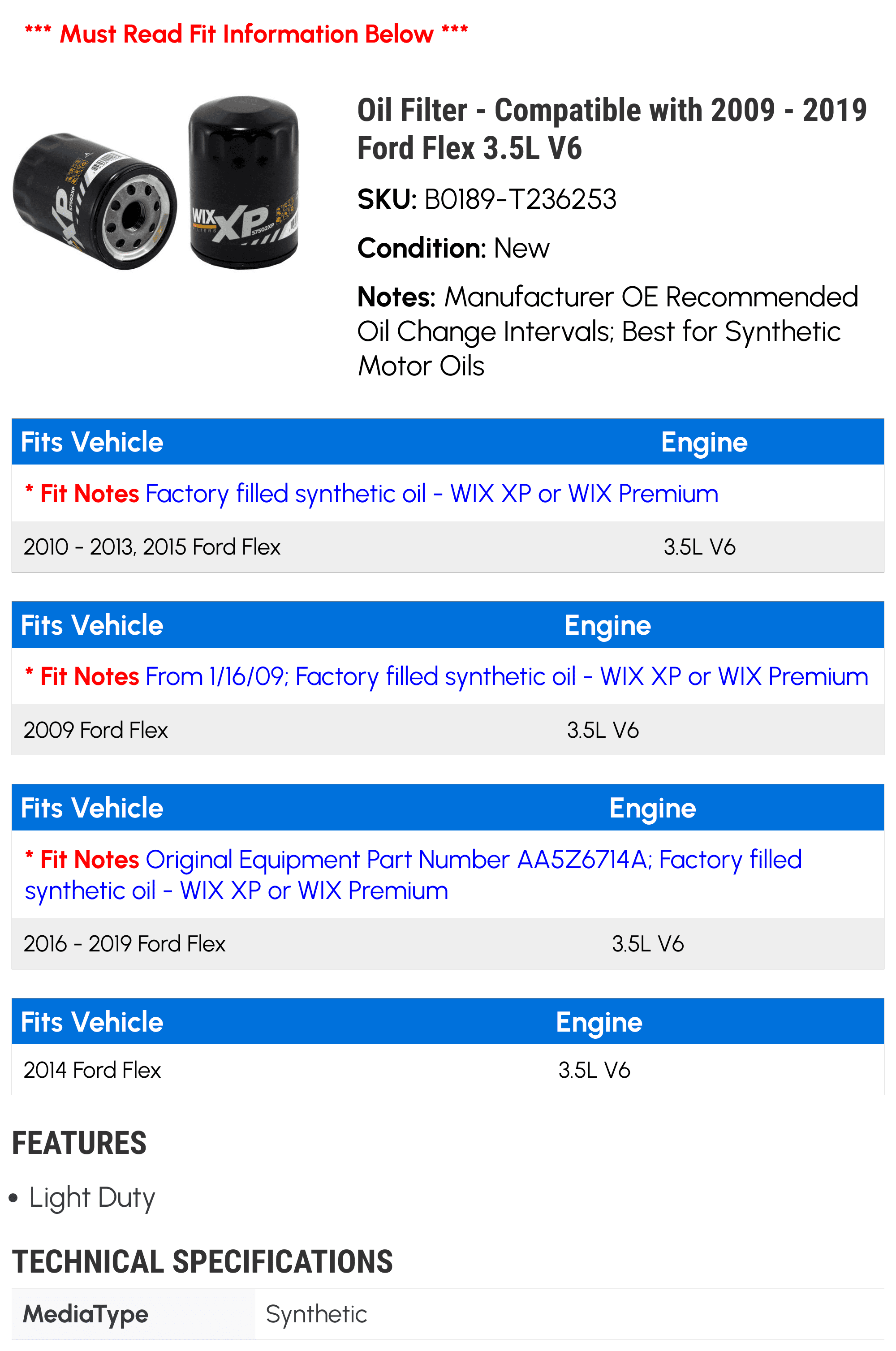 Oil Filter - Compatible with 2009 - 2019 Ford Flex 3.5L V6 2010 2011 2012 2013 2014 2015 2016 2017 2018