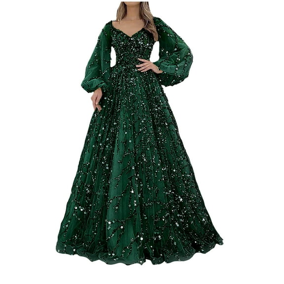 TMOYZQ Women's Sparkly Glitter Sequin Tulle Maxi Dress Long Sleeve V Neck A Line Cocktail Party Dress Formal Evening Dress Prom Gowns Wedding Guest Dress