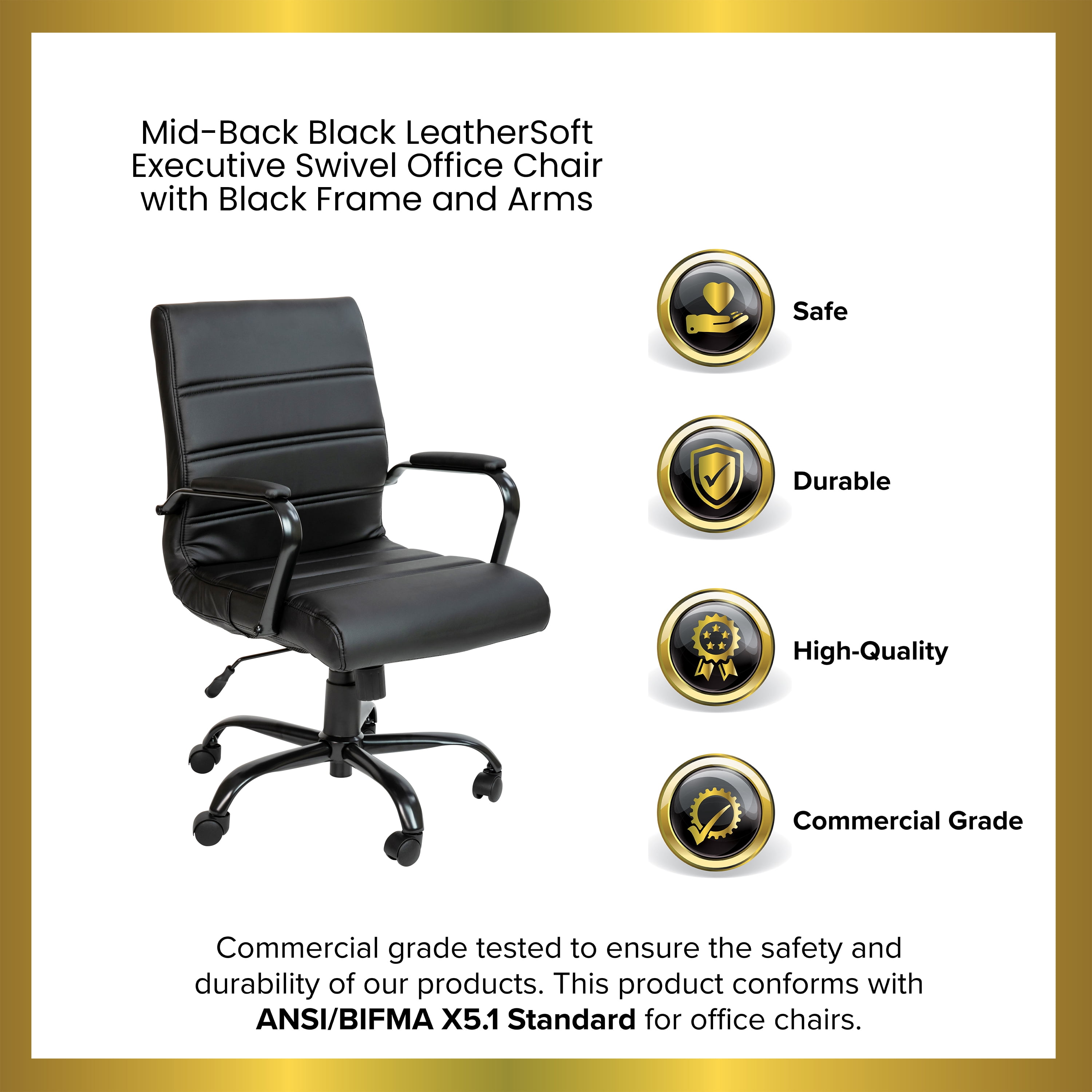 Merrick Lane Contemporary Mid-Back Black Faux Leather Home Office Chair with Padded Black Arms