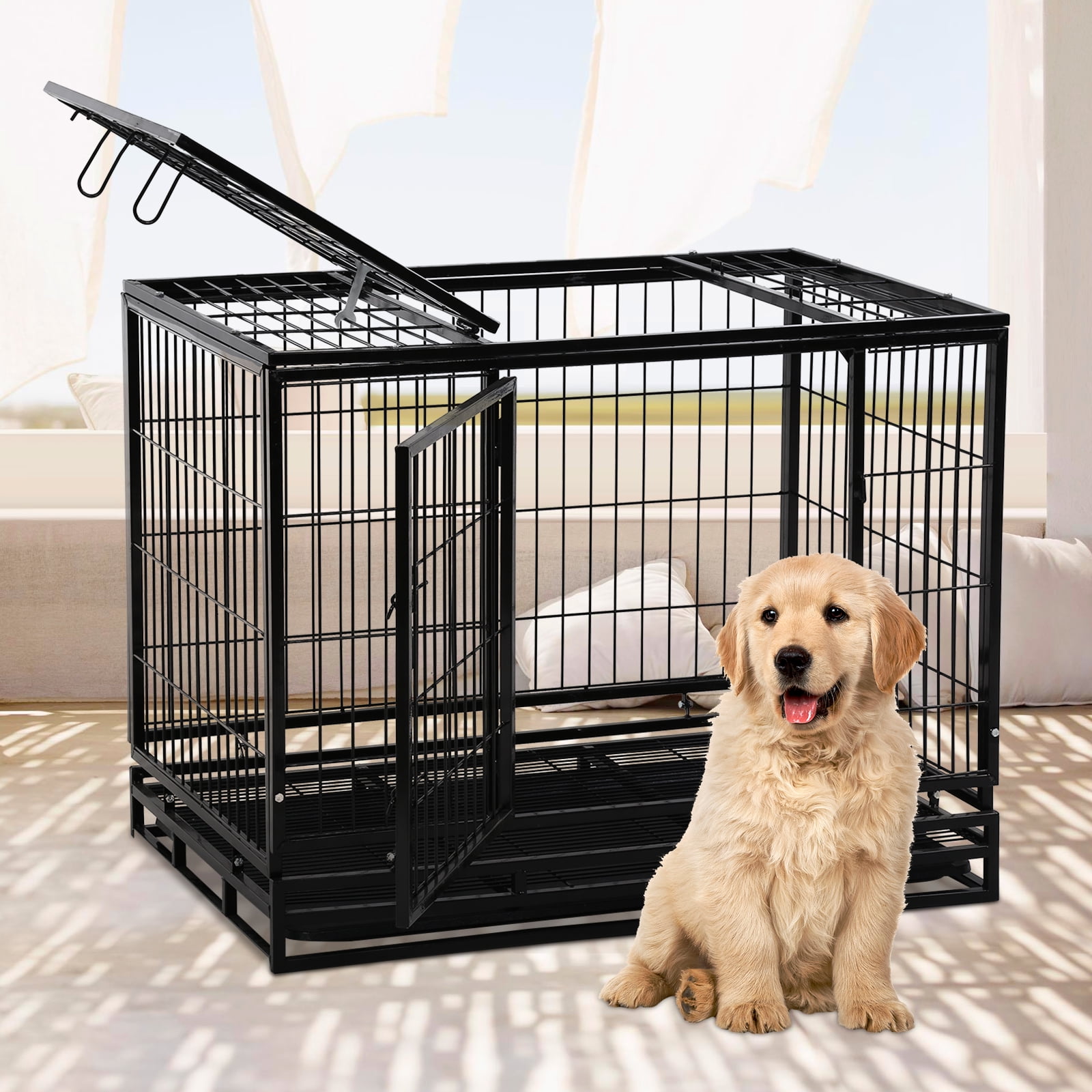 Heavy Duty Dog Crate, 36 Inch Metal Dog Crate with Wheels for Small