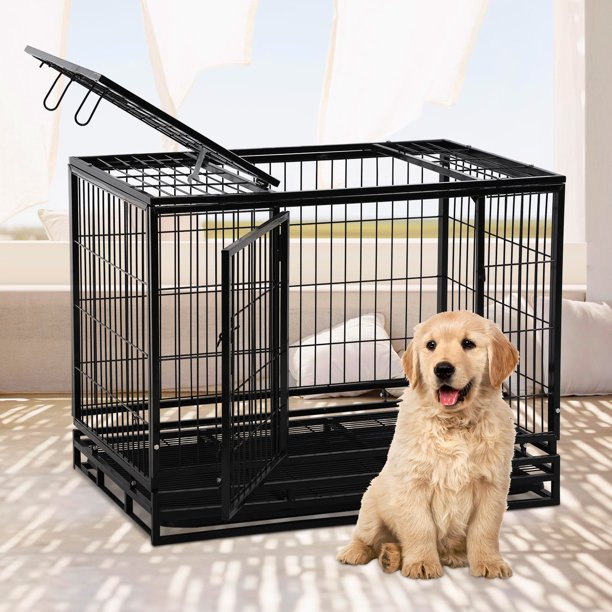 Heavy Duty Dog Crate, 36 Inch Metal Dog Crate with Wheels for Small
