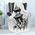thumbnail image 4 of Vintage China Soft Flannel Fleece Throw Blanket, Hand Drawn Black and White Sketching of a Chinese Pavilion with Landscape, Cozy Plush for Indoor and Outdoor Use, 50" x 70", Black White, by Ambesonne, 4 of 5