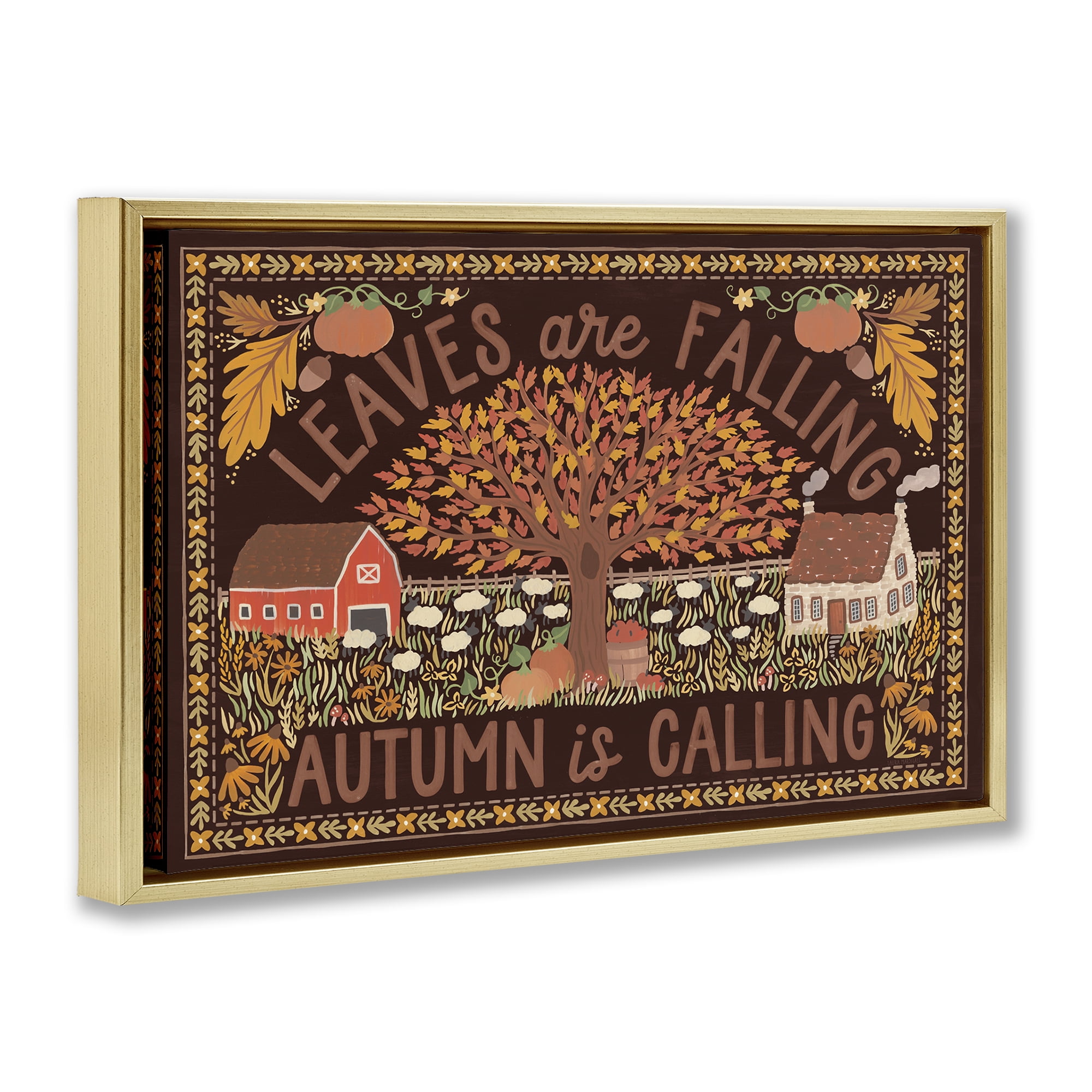 Stupell Industries Leaves Falling on Brown Landscape Painting Gold Floater Framed Canvas Art Prints Wall Art, 25 x 17