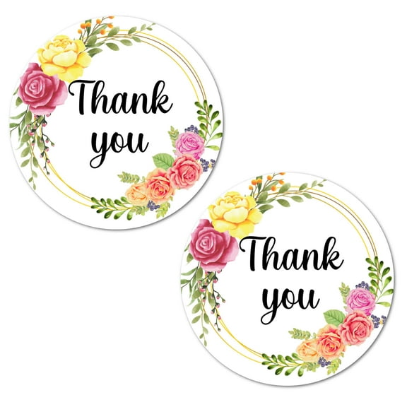 40 Floral Thank You Stickers, 2 Inch Big Round Glossy Labels, Great For Weddings, Bridal Shower, Engagement Party, Party Favors Décor, Tags, Supplies. Made in USA.