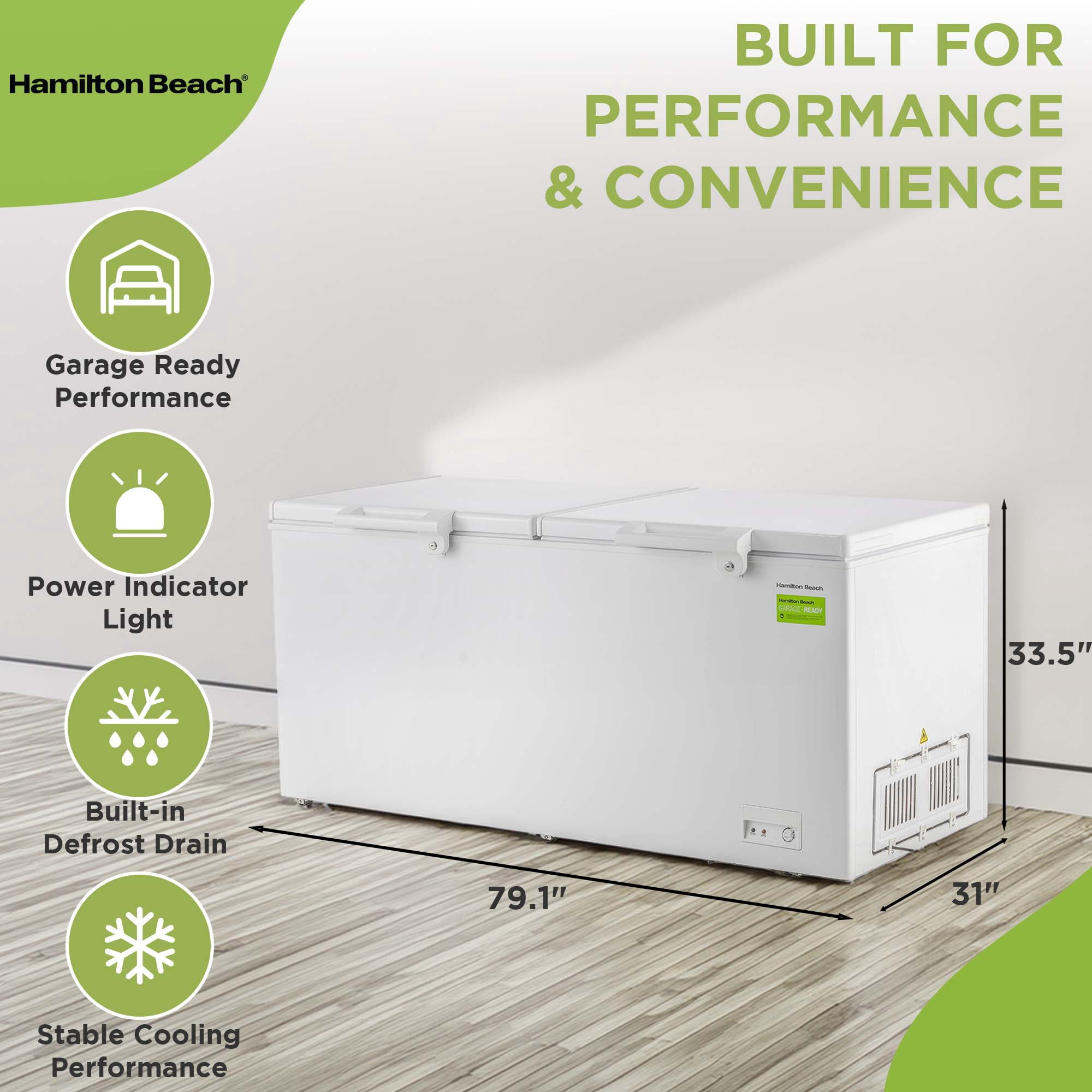 Hamilton Beach 21 Cu. ft. Garage Ready Chest Freezer, Large Capacity Deep Freezer, Double Door Deep Freezer for Garage, Basement, Bulk Storage, White