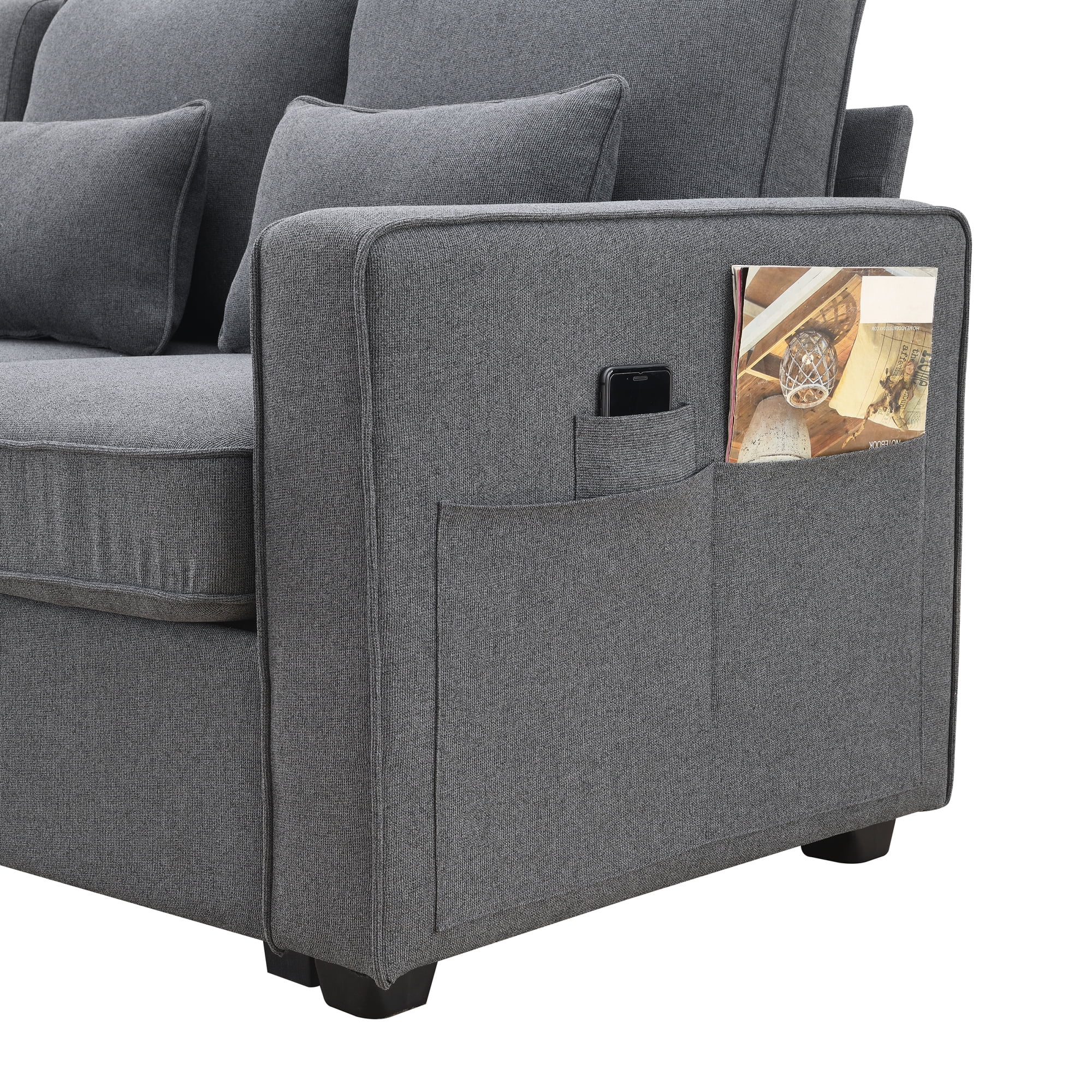 Leumius 104" Sectional Sofa, Modern Linen Fabric 4-Seater Sofa Couch with 4 Pillows, Minimalist Style Couch for Living Room, Apartment, Office, Dark Gray