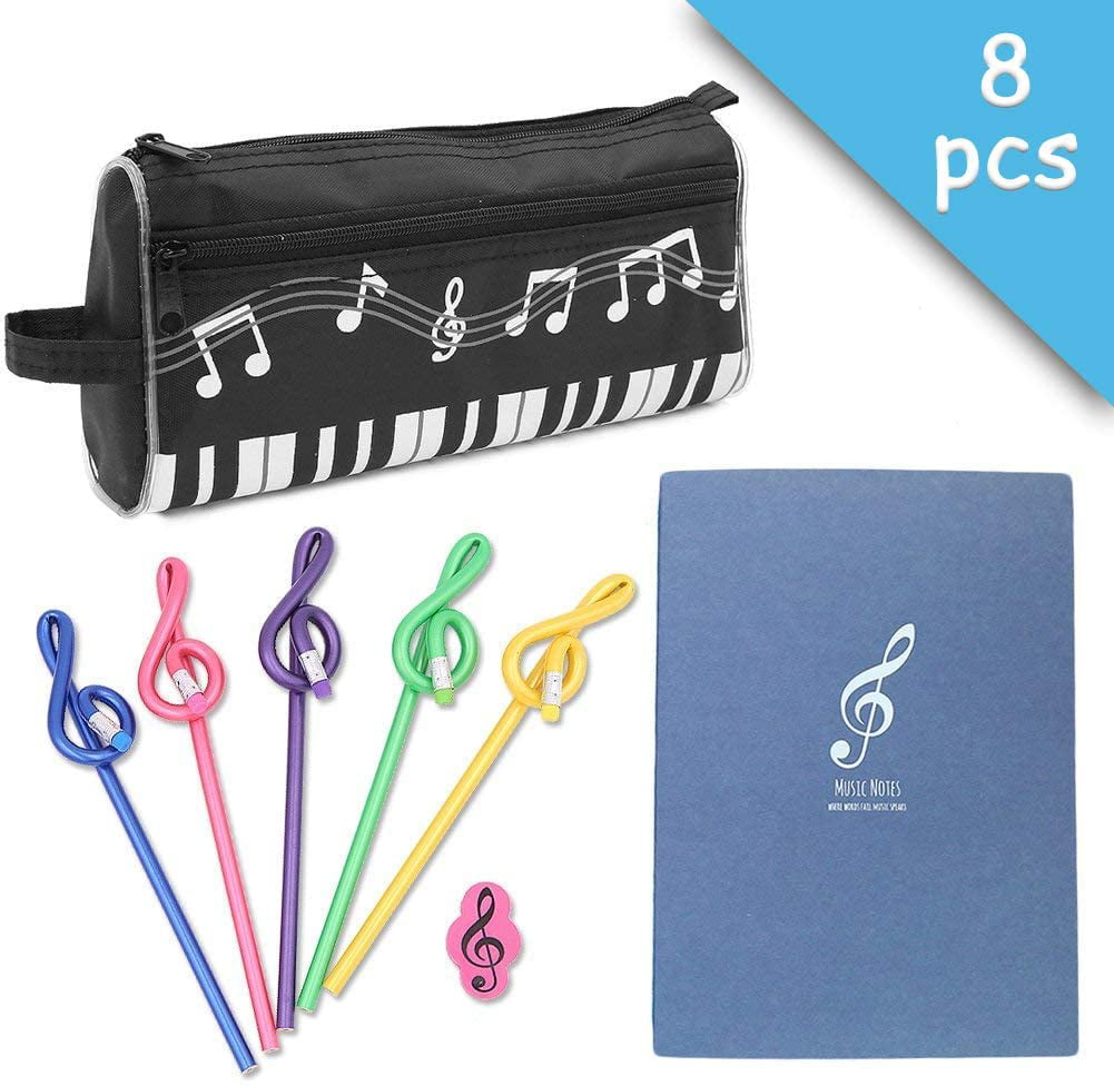 Music Themed Stationery eraser an... HB pencils Black Musical Notes Notebook 