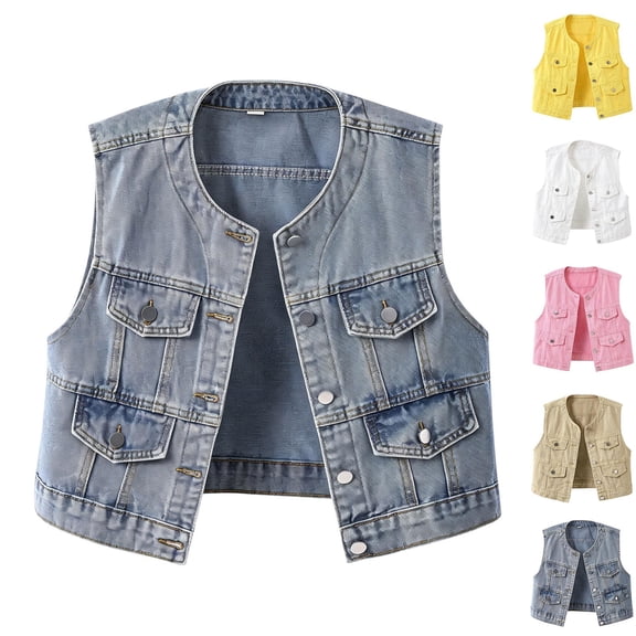 Women Cropped Denim Vest Plus Size Crew Neck Sleeveless Solid Color Vintage Washed Vest Jacket for Casual Layering Streetwear