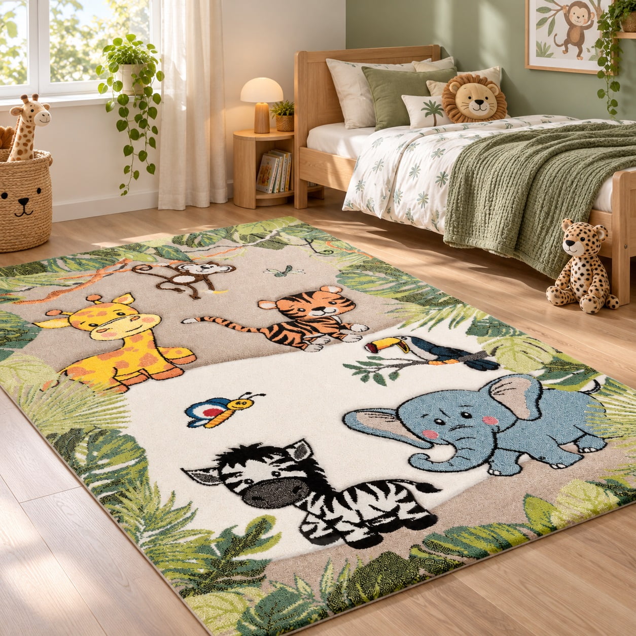 Paco Home Kids Rug with Charming Animals - Giraffe Lion Monkey - Beige - 4 4 Square (4 Square)
