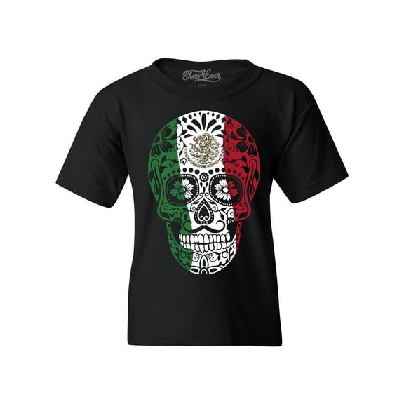 Shop4Ever Kids Mexican Flag Skull Day of the Dead Graphic Child's Youth T-Shirt Small Black