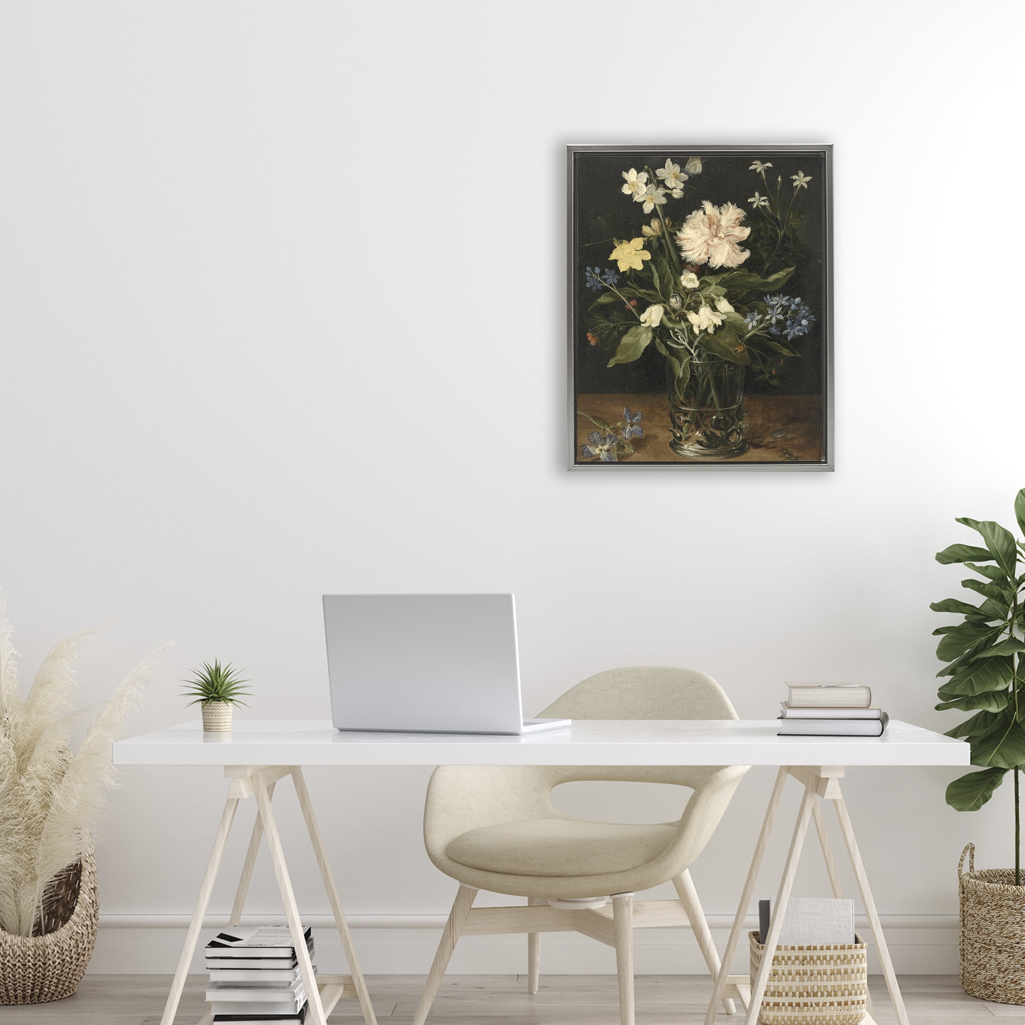 Stupell Industries Chrysanthemum & Flowers in Vase Gray Framed Floater Canvas Wall Art, design by Vintage Hustle