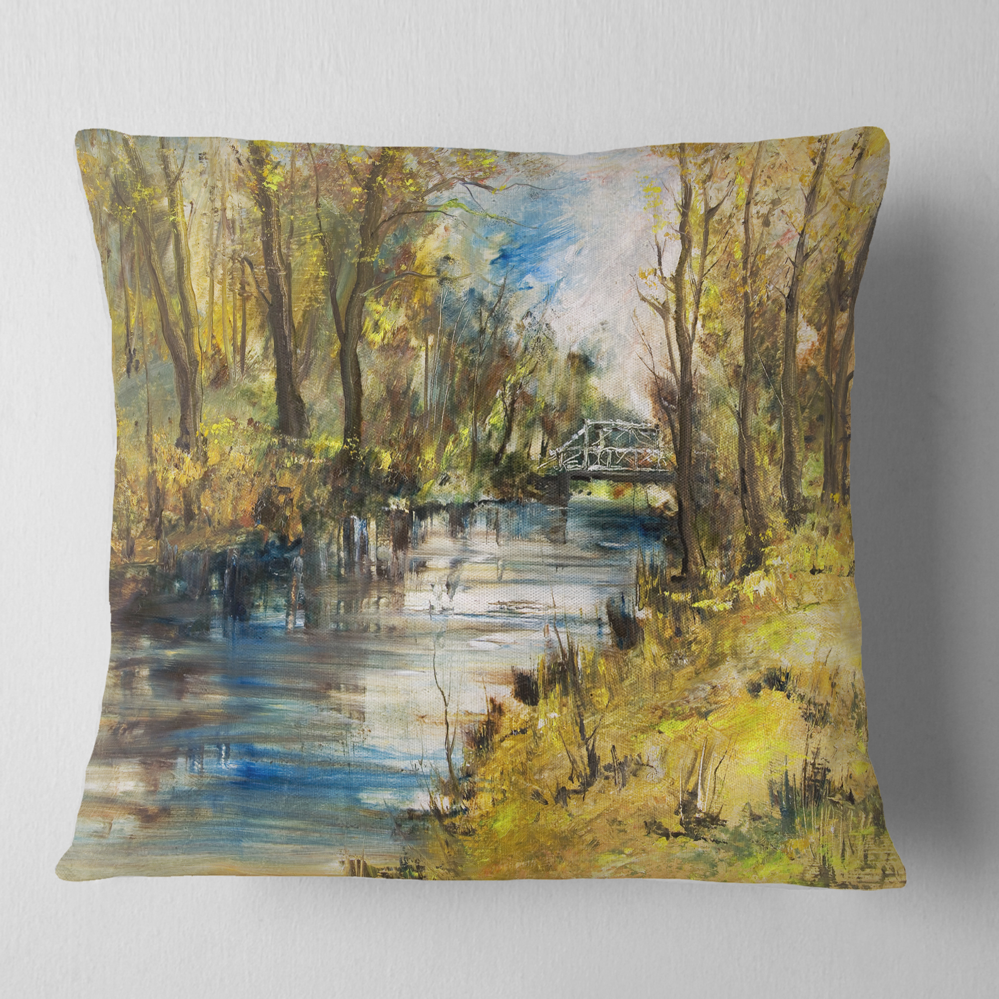 Designart Bridge Over River Oil Painting - Landscape Painting Throw Pillow - 18x18