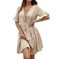 thumbnail image 4 of ZXSXSY Women Stripe V Neck Laced-Up Buttons Ruffled Short Sleeve Mini Tiered Dress, 4 of 6