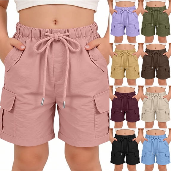 Teylalorva Girls Cargo Shorts, Drawstring Fashion Casual Multi-Pockets Kids Summer Active Shorts Pink Size 12