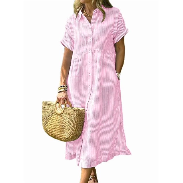 Vestido camisero chouyatou para mujer, a rayas, midi, rosa