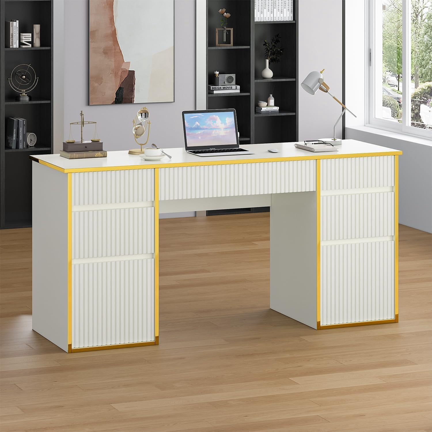 DreamCurship 58 inch Executive Desk with Drawers, Computer Desk with 7 Drawers, Home Office Desk for Work Study Writing, White and Gold