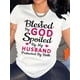 thumbnail image 2 of Women'S Inspirational Quote T-Shirt, "Blessed by God Spoiled by My Husband" Letter Print, Casual Crew Neck Short Sleeve Top, Slight Stretch, All Season Wear Tee For Adult, Men, Women, Teen, Teenager,, 2 of 8
