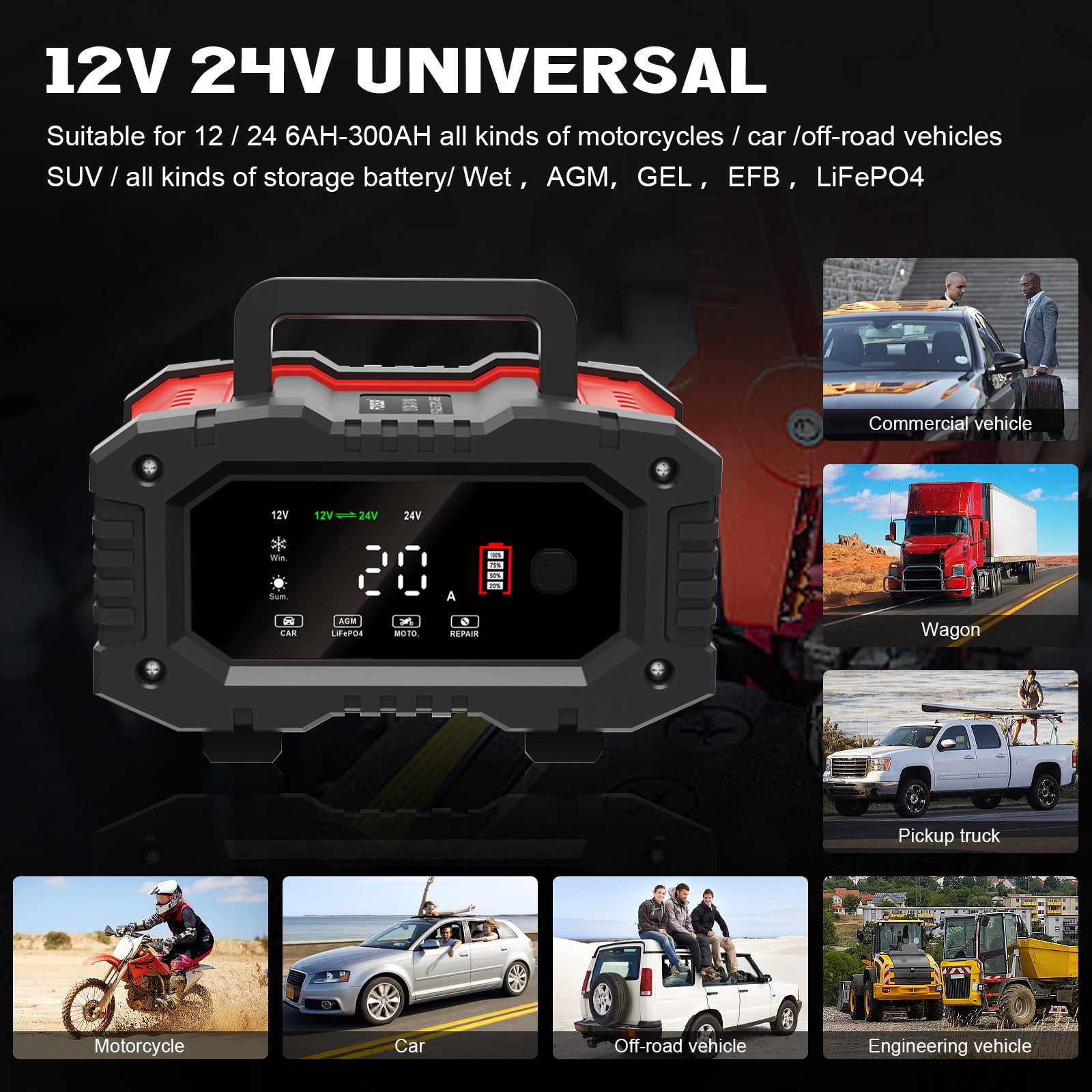 20Amp Battery Charger,12/24V Lifepo4 Lead Acid Automatic Smart Battery Charger, Portable Automotive Trickle Charger, Automobile Battery Maintainer, for Car Truck Motorcycle