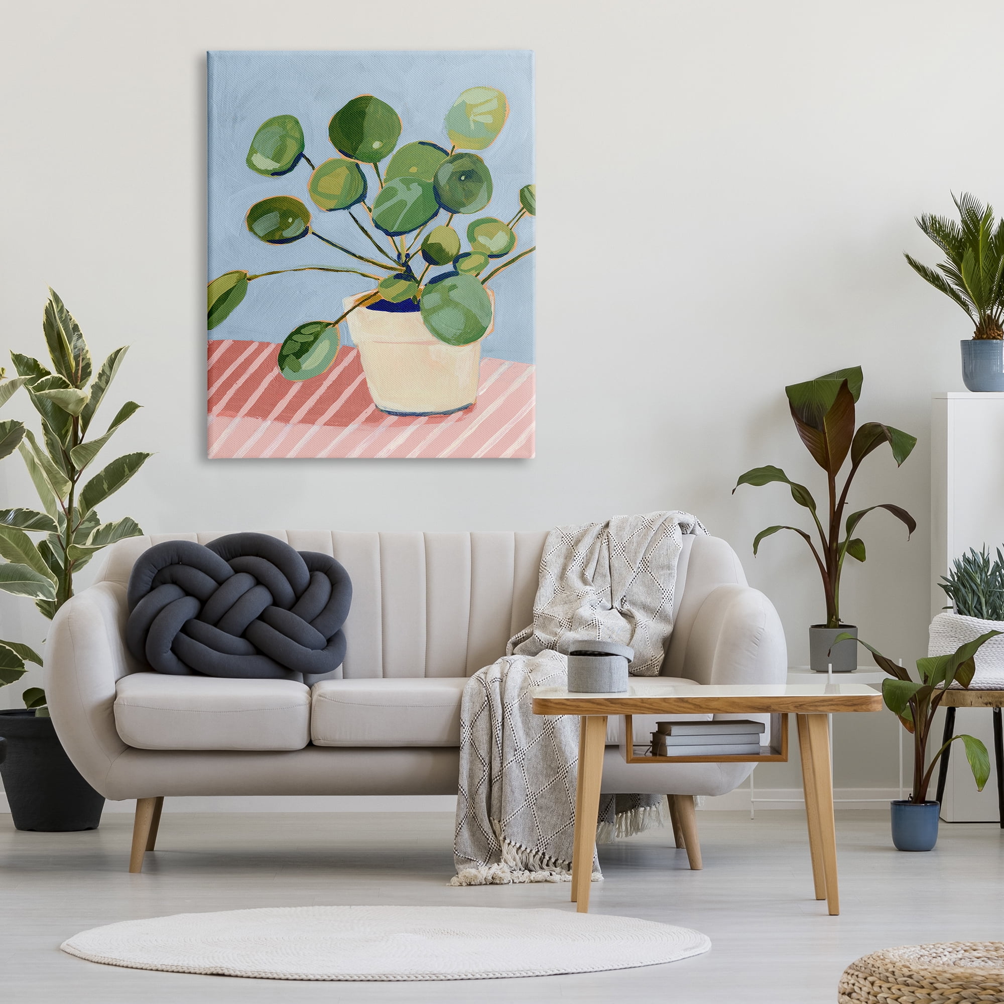 Stupell Industries Green Potted Plant Round Leaves Pink Stripe Table Botanical & Floral Painting Gallery Wrapped Canvas Print Wall Art, 36 x 48