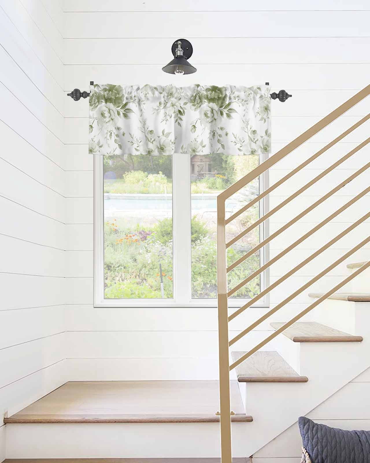 Vintage Sage Green Blossom Flower Curtain Valances for Kitchen Windows,Rod Pocket Short Valance Watercolor Floral Leaves Window Treatment for Living Room Bathroom Bedroom,54" x 18"-1 Panel