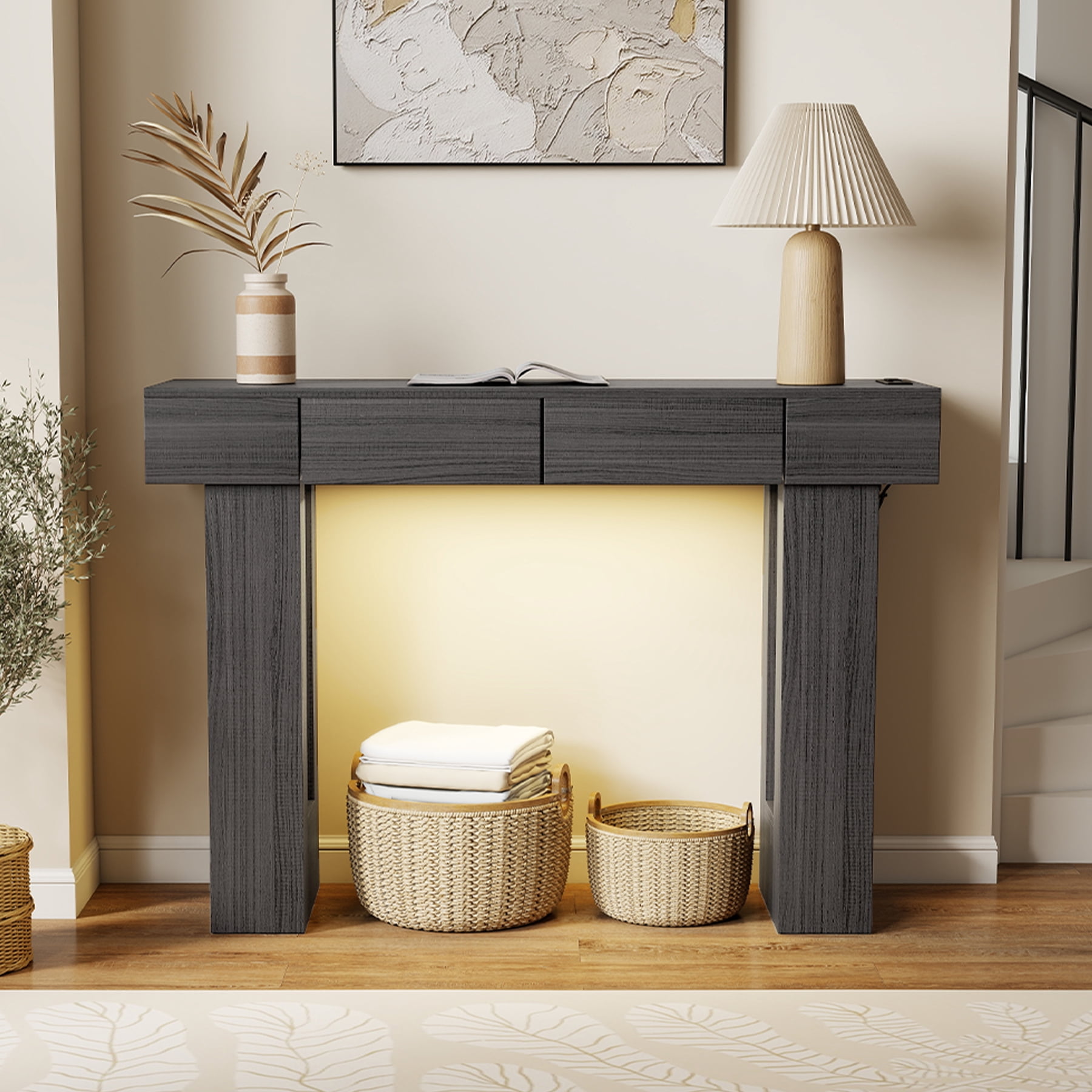 MOONMISS 47"Wide Console Table with 2 Drawers, Multifunctional Charging Station, LED Light, Solid Wood Farmhouse Console Table Behind Couch for Entryway, Hallway, Living Room-Gray