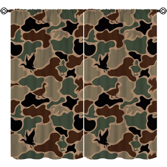 Army Green Camo Curtain, Wild Duck Silhouette Camouflage Pattern Window Treatments, Rod Pocket Thermal Insulated Drapes 2 Panel Sets for Bedroom Living Room, 42" W X 54" L【Decor】