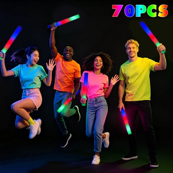 FEINYTAA 70PCS Foam Light up Sticks, Glow in The Dark Party Supplies with 3 Colorful Flashing Modes, LED Foam Glow Sticks Bulk for Wedding, Concert, New Year, Halloween, Christmas, Raves, Birthday