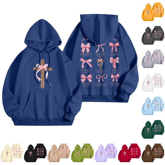 Norvella Womens Cross Bow Print Hoodies Oversized Long Sleeve Hooded Sweatshirt Front Pocket Loose Fit Ribbed Pullover Top