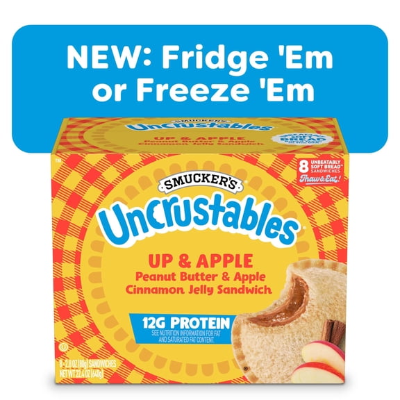 Smucker’s Uncrustables Up & Apple Morning Protein Snacks, Peanut Butter & Apple Cinnamon Jelly Sandwiches on Wheat Bread, 8 Count, 2.8 oz Each (Frozen)