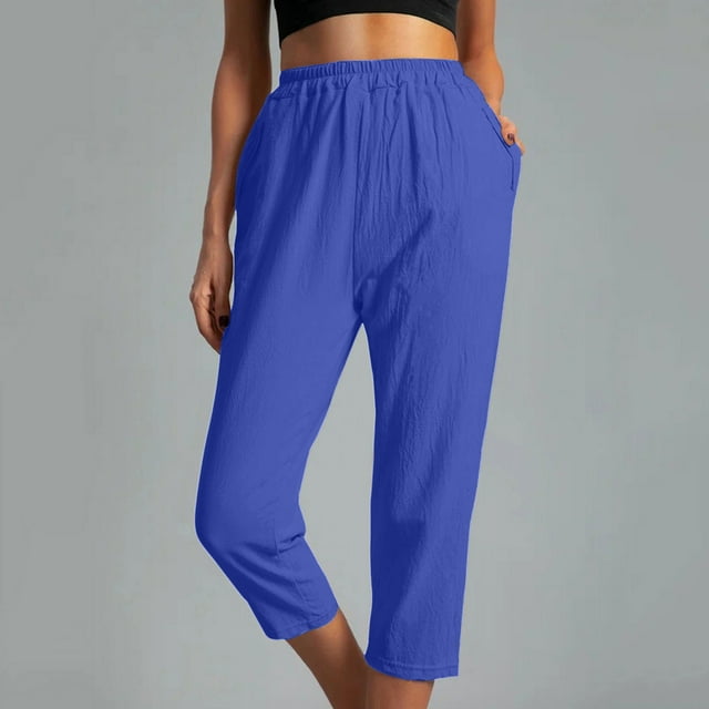 Jsaierl Linen Capris for Women Cotton Stretch Elastic High Waisted Flowy Capris with Pockets Plus Size Summer Solid Color Pants