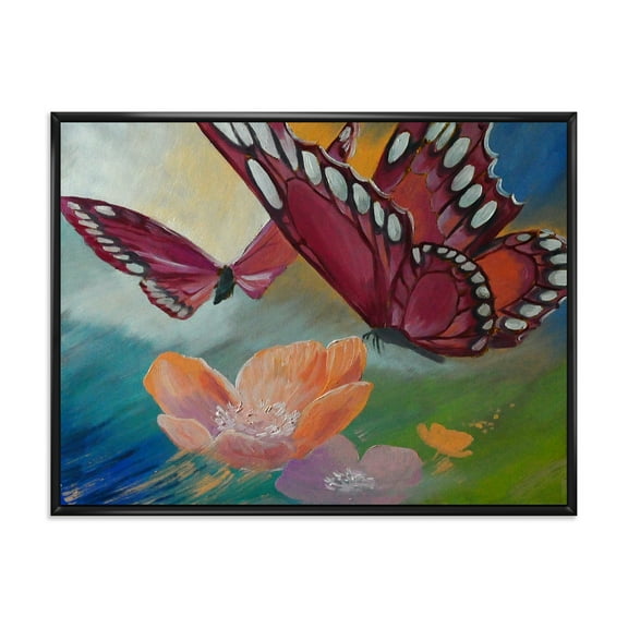 Designart 'Butterflies On Pink Flowers' Traditional Framed Canvas Wall Art Print