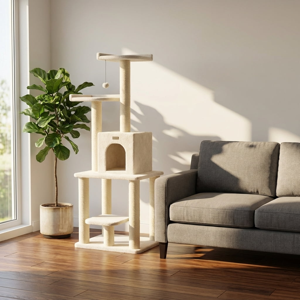 Multi-Level Cat Tree Tower with Sisal Scratching Posts, Cozy Condo, Perches and Hanging Toy, Beige, 62 Inches Height