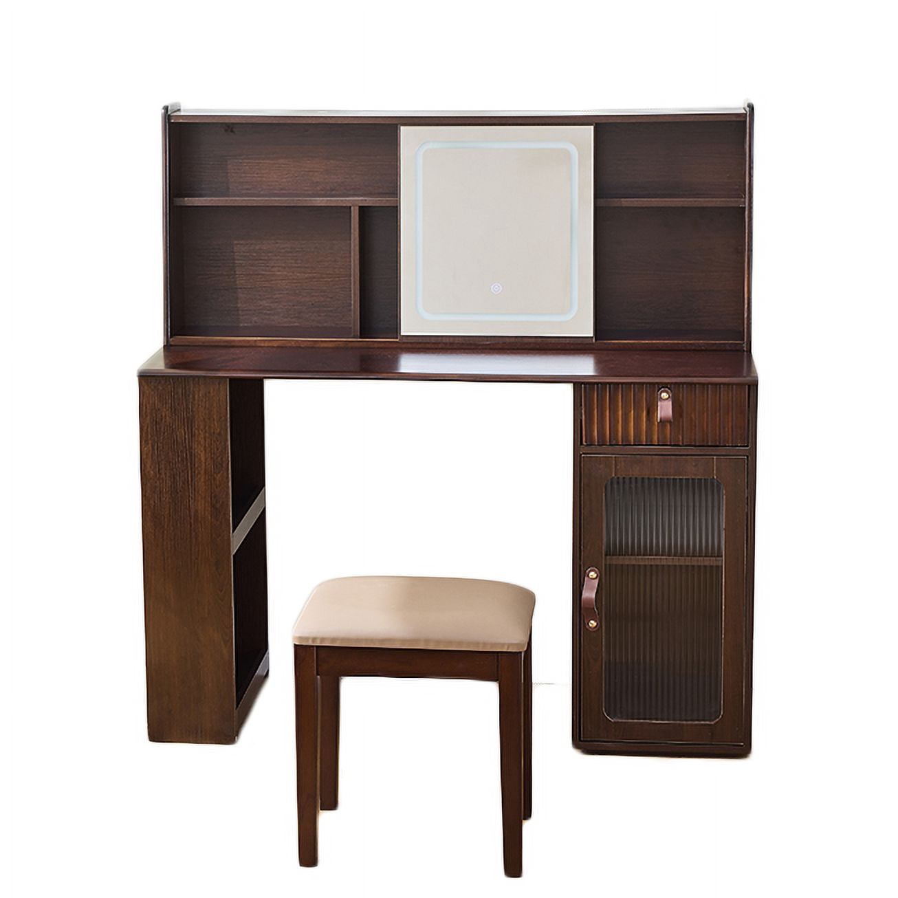 Euroco Modern Walnut Vanity Set with Sliding Touch Mirror & LED Lighting – Fluted Drawer Panel, Ample Storage, Solid Wood Frame, Stool Included