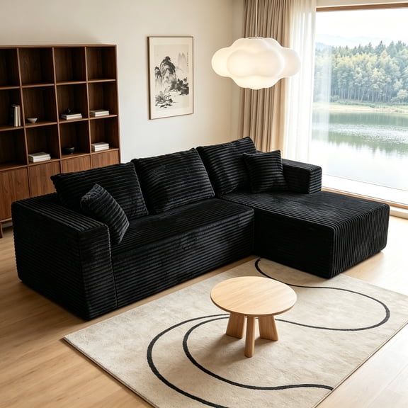 92.5" Boneless Modern L-Shaped Corduroy Compression Sofa Couch for Living Room, Right facing Chaise, Black