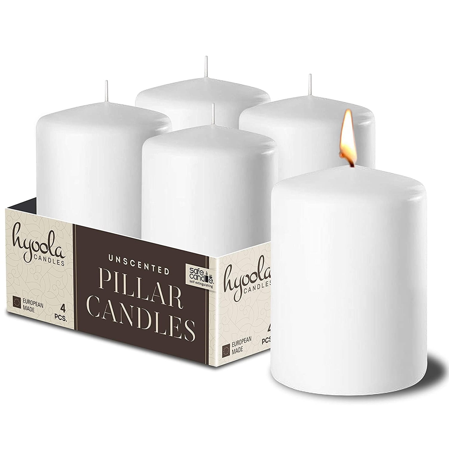 HYOOLA Unscented Smokeless 2x3 inch White Pillar Candles 4 pack