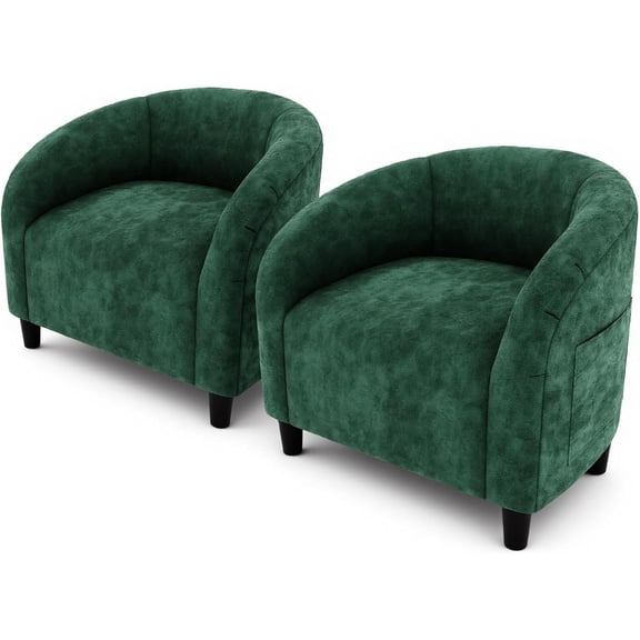 Set of 2 Velvet Barrel Club Accent Chairs with Padded Seat for Living Room Retro Green
