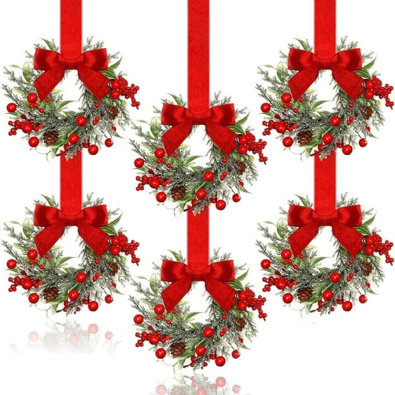 Olilia 6pcs Christmas Ribbon Wreath,Realistic Christmas Wreath with Red Berries, Pine Cones, And Bow,Perfect for Christmas,Front Doors, Windows, Fireplaces, Tables,Indoor,Outdoor Decoration.