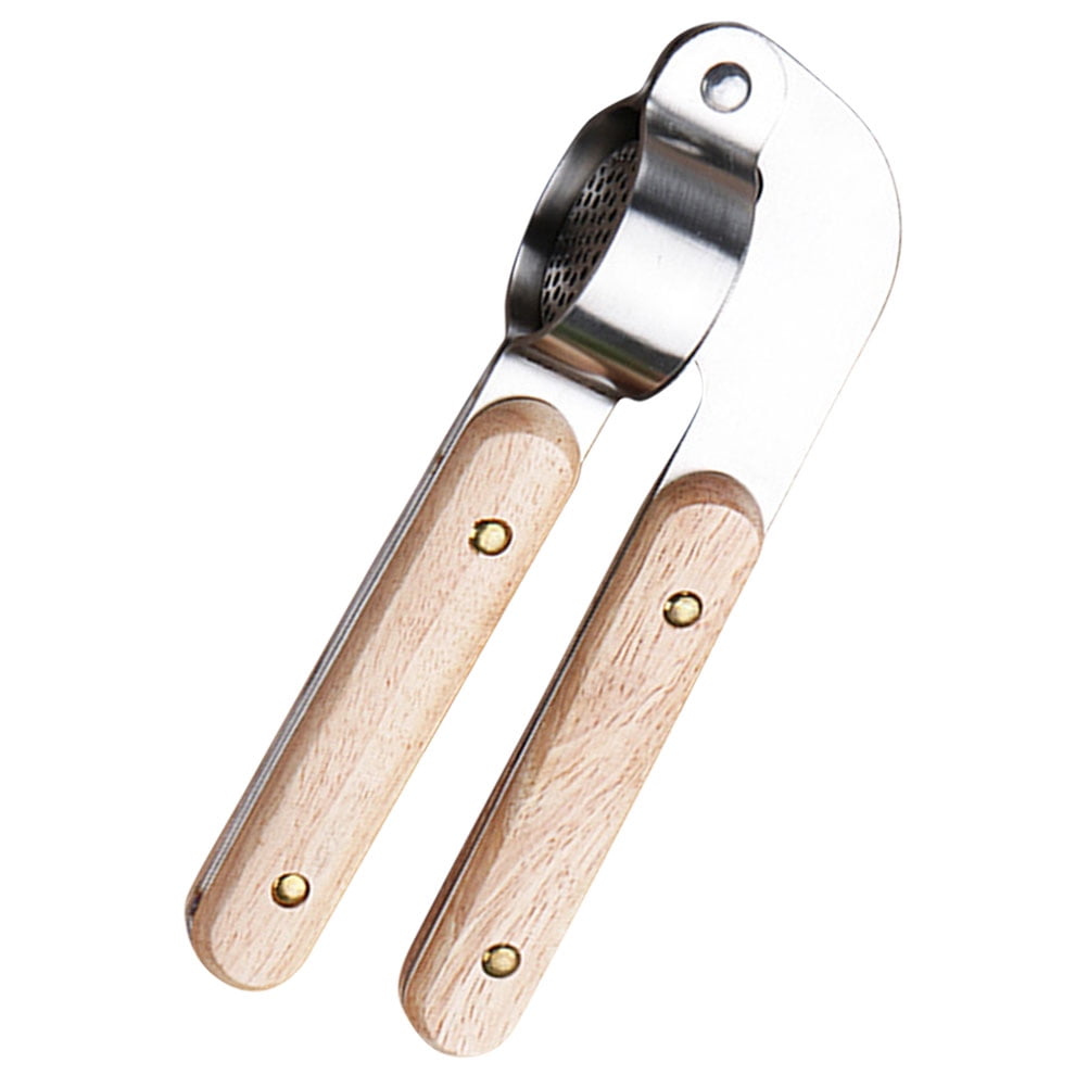 HOOWIFFY Stainless Steel Manual Garlic Masher with Khaki Handle, Kitchen Tool and Versatile Garlic Press for Easy Cooking
