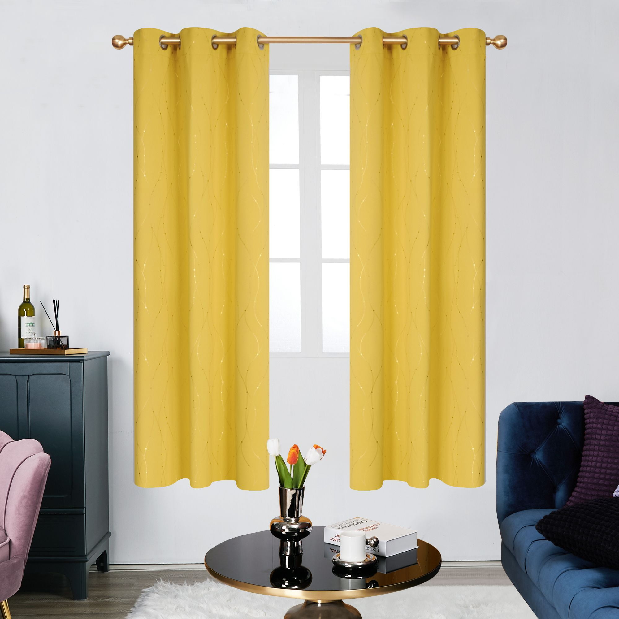 Deconovo Sun Blocking Curtains Gold Foil Printed Wave Lines with Dots