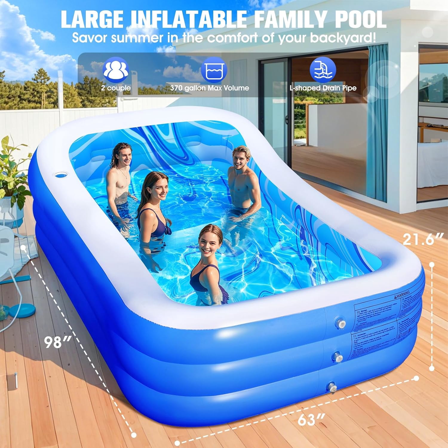 Inflatable Pool with Big Backrest and Seat,Oversized Thickened Large BlowUpPool for Adults,Inflatable Backyard Pools for Adult,Durable Swimming Pools Summer Water Party98 x63 x21.6(Blue)
