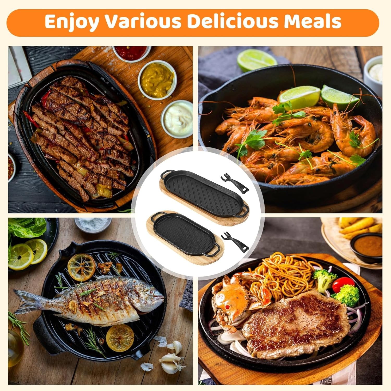 Cast Iron Skillet Set 2 PCS Fajita Plate Sizzling Pan with Wooden Base Removable Handle for Outdoor Grilling BBQ Kitchen Cooking