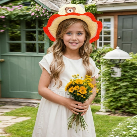 Chapeau Bébé Fille Kids Toddler Baby Summer Whimsical Sun Visor Breathable 3D Bear Hat with Ears Chapeau Enfant Orange 2 Years-8 Years