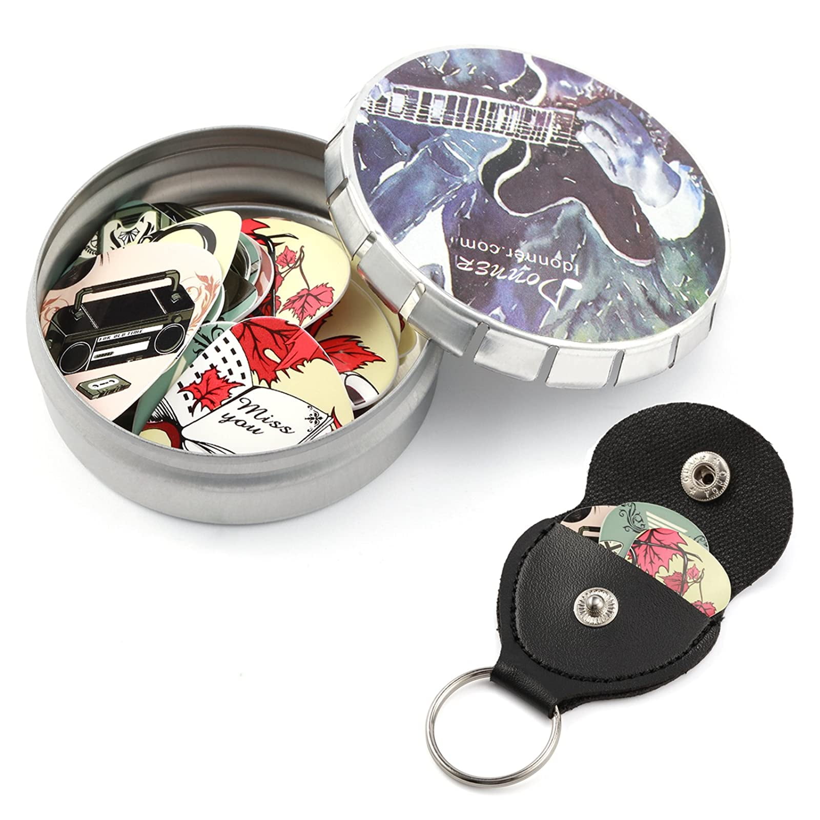 Medium Donner Nostalgia Celluloid Guitar Picks with Key Chain Pick Holder 16 Pack Includes Thin Heavy /& Extra Heavy Gauges